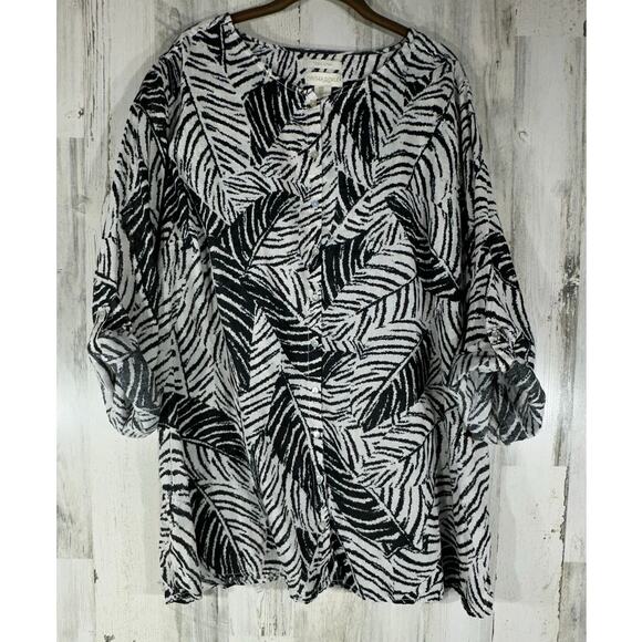 Cynthia Rowley Button Up Tunic Size 2X Black White Abstract Tropical 100% Linen - Picture 1 of 7